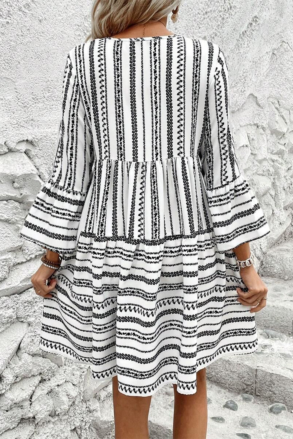 Black Stripe V Neck Bell Sleeve High Waist Mini Dress - Premium Dresses/Mini Dresses from Momma Done Gone Crafty- Just $45.99! Shop now at Momma Done Gone Crafty
