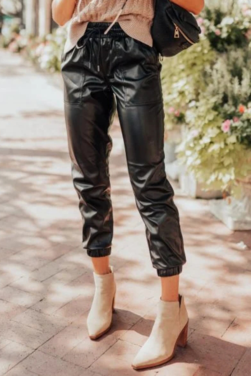 Black Faux Leather Ankle Smocked Waist Drawstring Joggers - Premium Bottoms/Pants & Culotte from Momma Done Gone Crafty- Just $25.65! Shop now at Momma Done Gone Crafty