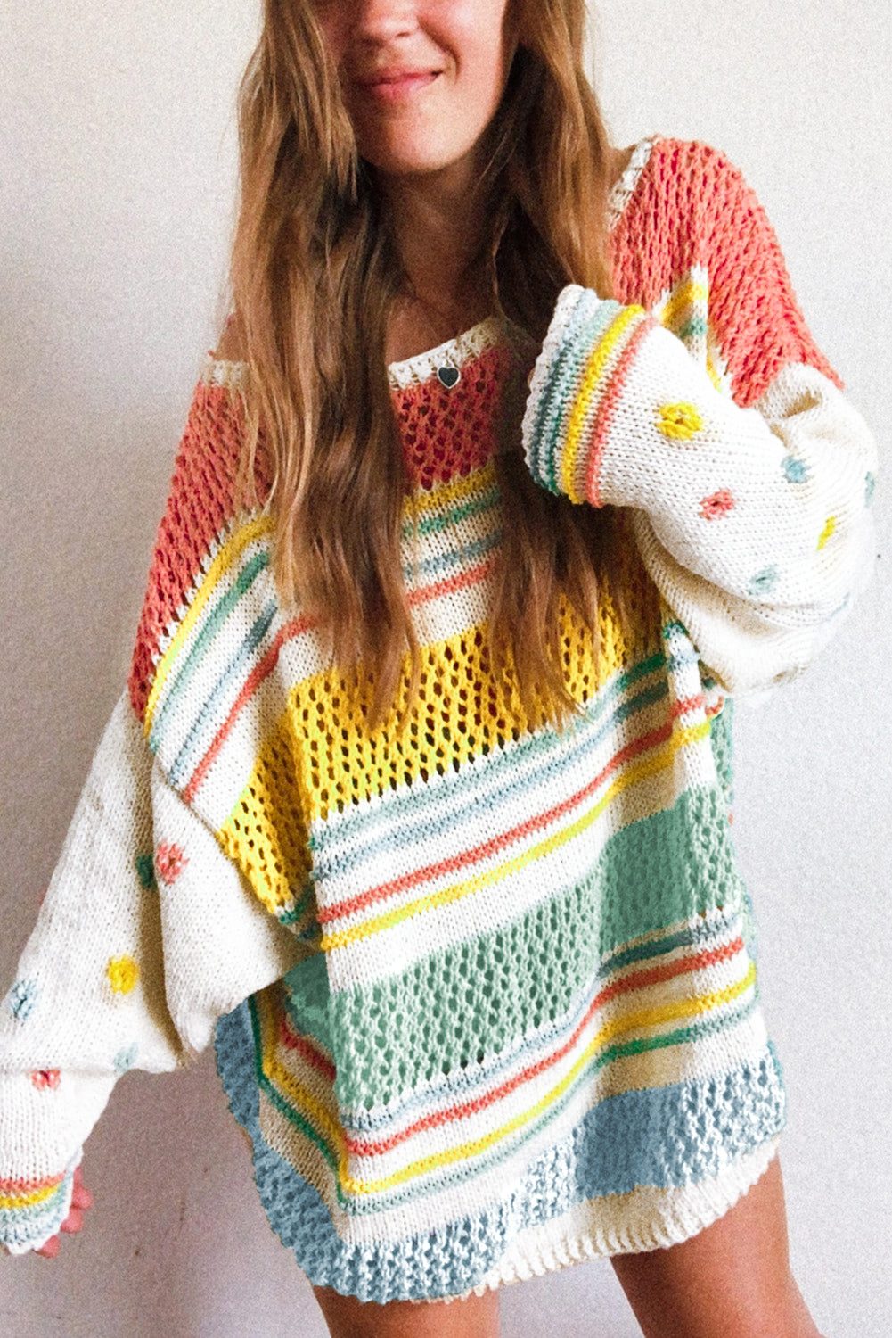 Multicolor Hollow Striped Knit Contrast Sleeve Sweater - Premium Tops from Momma Done Gone Crafty- Just $39.90! Shop now at Momma Done Gone Crafty