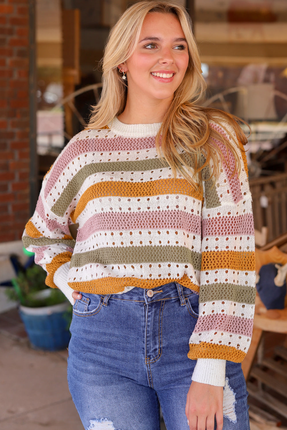 Multicolor Striped Hollowed Knitted Loose Sweater - Premium Tops from Momma Done Gone Crafty- Just $35.40! Shop now at Momma Done Gone Crafty
