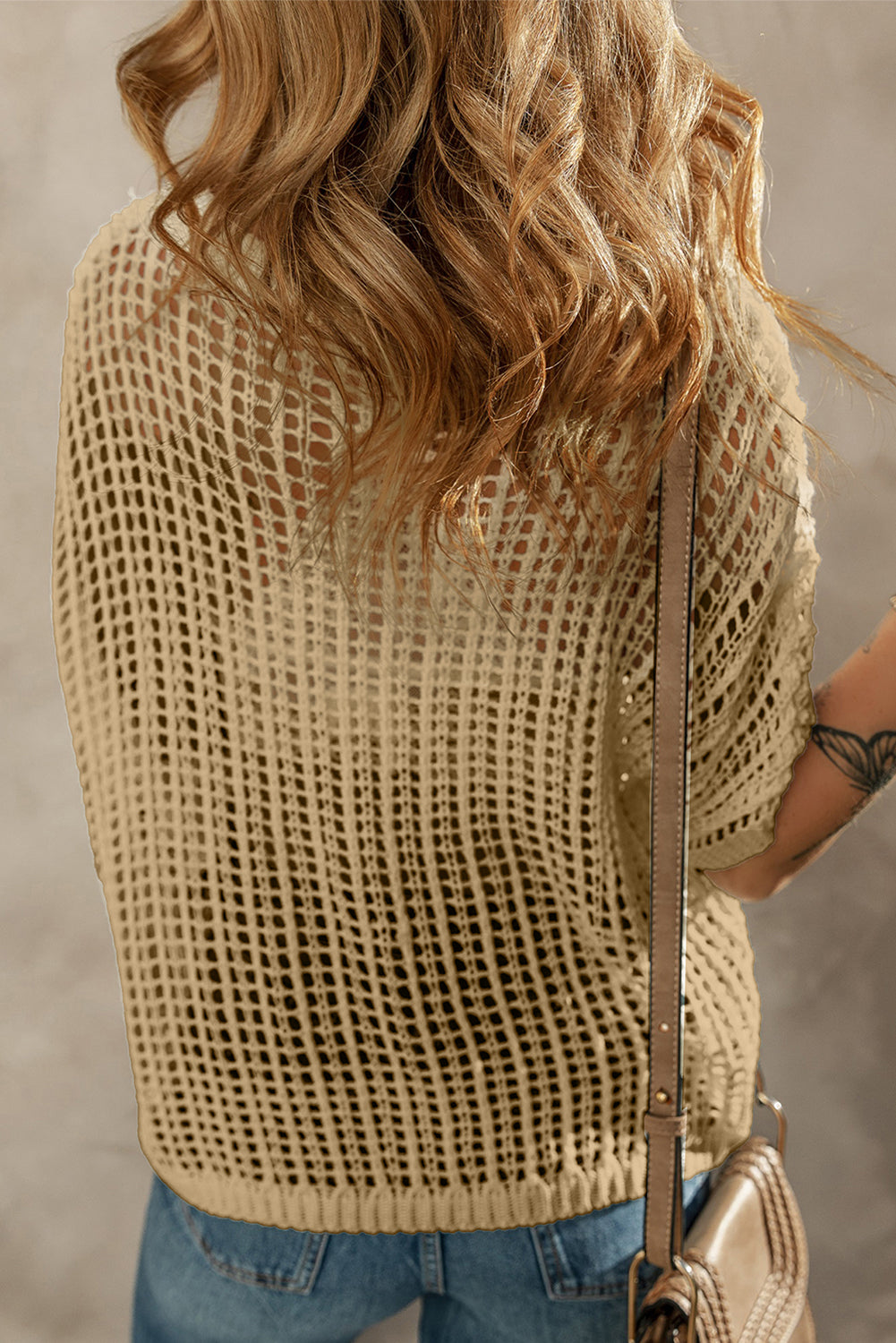Light French Beige Crochet Flower Hollow-out Sweater T Shirt - Premium Sweaters & Cardigans/Short Sleeve Sweaters from Momma Done Gone Crafty- Just $33.06! Shop now at Momma Done Gone Crafty
