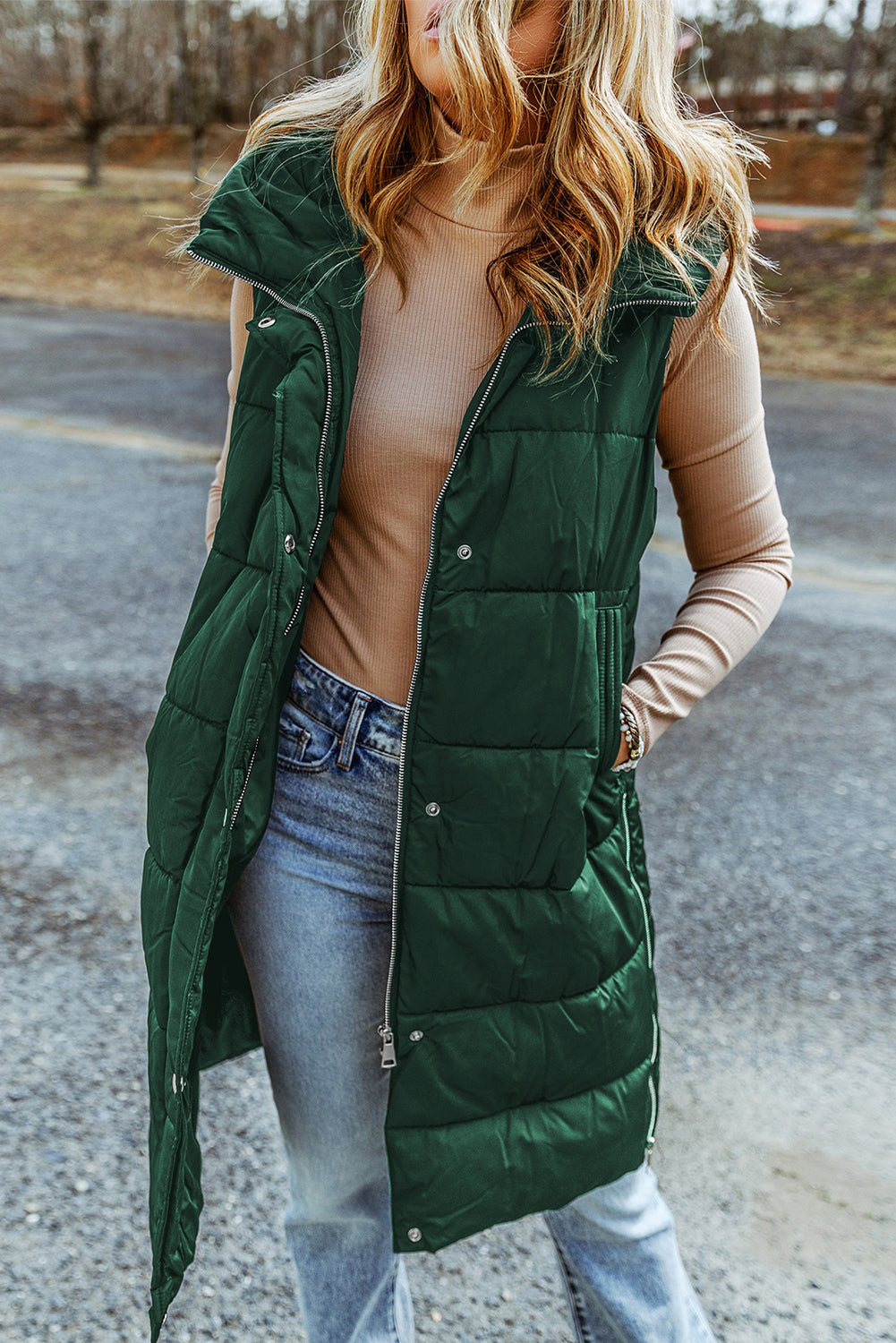 Green Hooded Long Quilted Vest Coat - Premium Outerwear from Momma Done Gone Crafty- Just $90.72! Shop now at Momma Done Gone Crafty