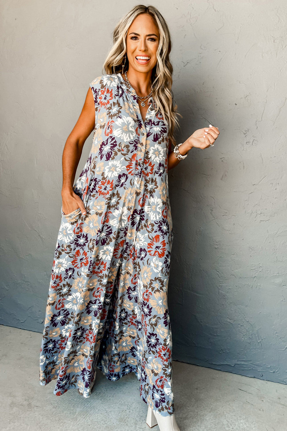 Sky Blue Floral Sleeveless Buttoned Pocketed Wide Leg Jumpsuit - Premium Bottoms/Jumpsuits & Rompers from Ashes 2 Wildflowers Boutique, LLC- Just $35.99! Shop now at Ashes 2 Wildflowers Boutique, LLC