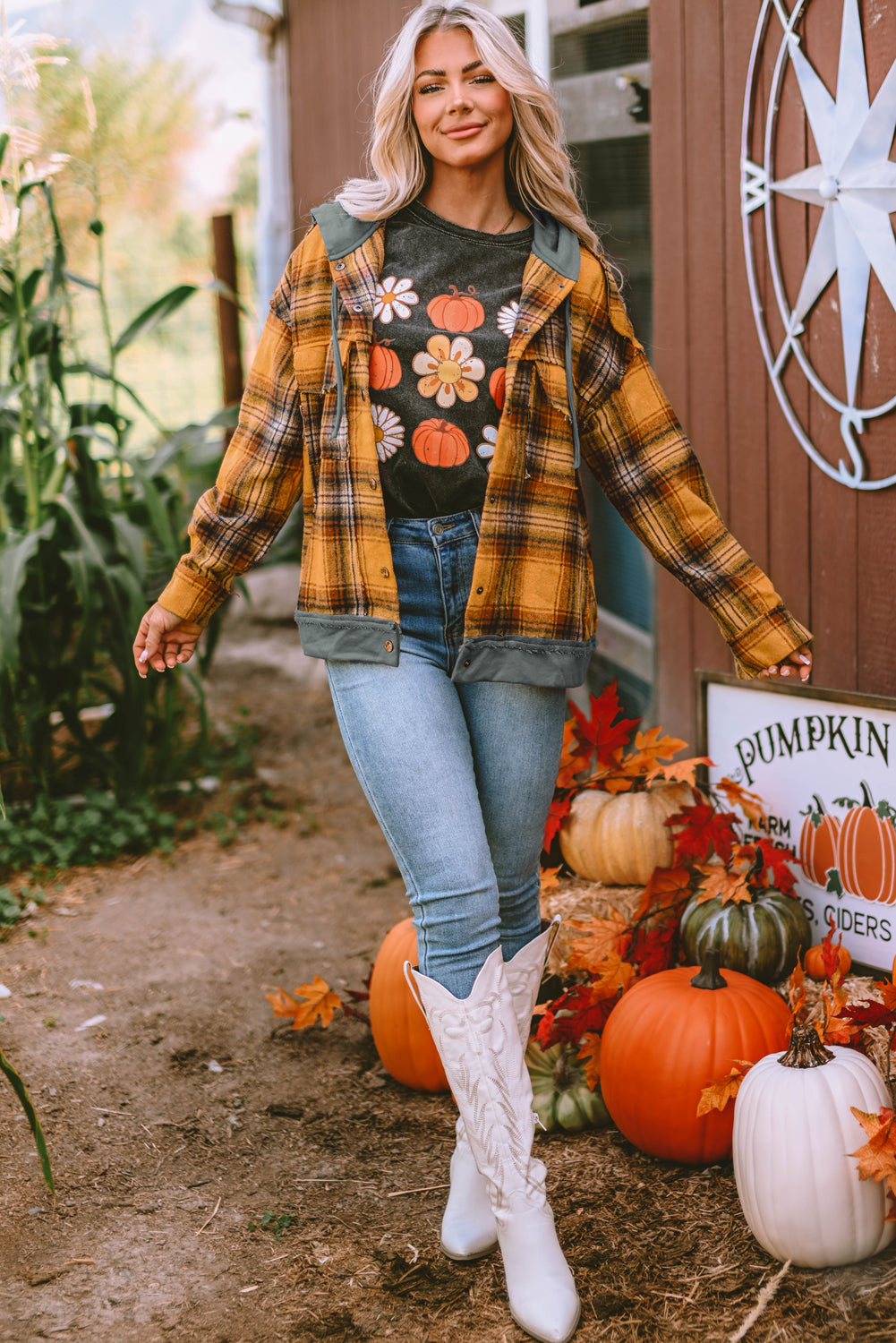Orange Plaid Patch Hooded Frayed Snap Button Jacket - Premium Outerwear from Momma Done Gone Crafty- Just $52.62! Shop now at Momma Done Gone Crafty