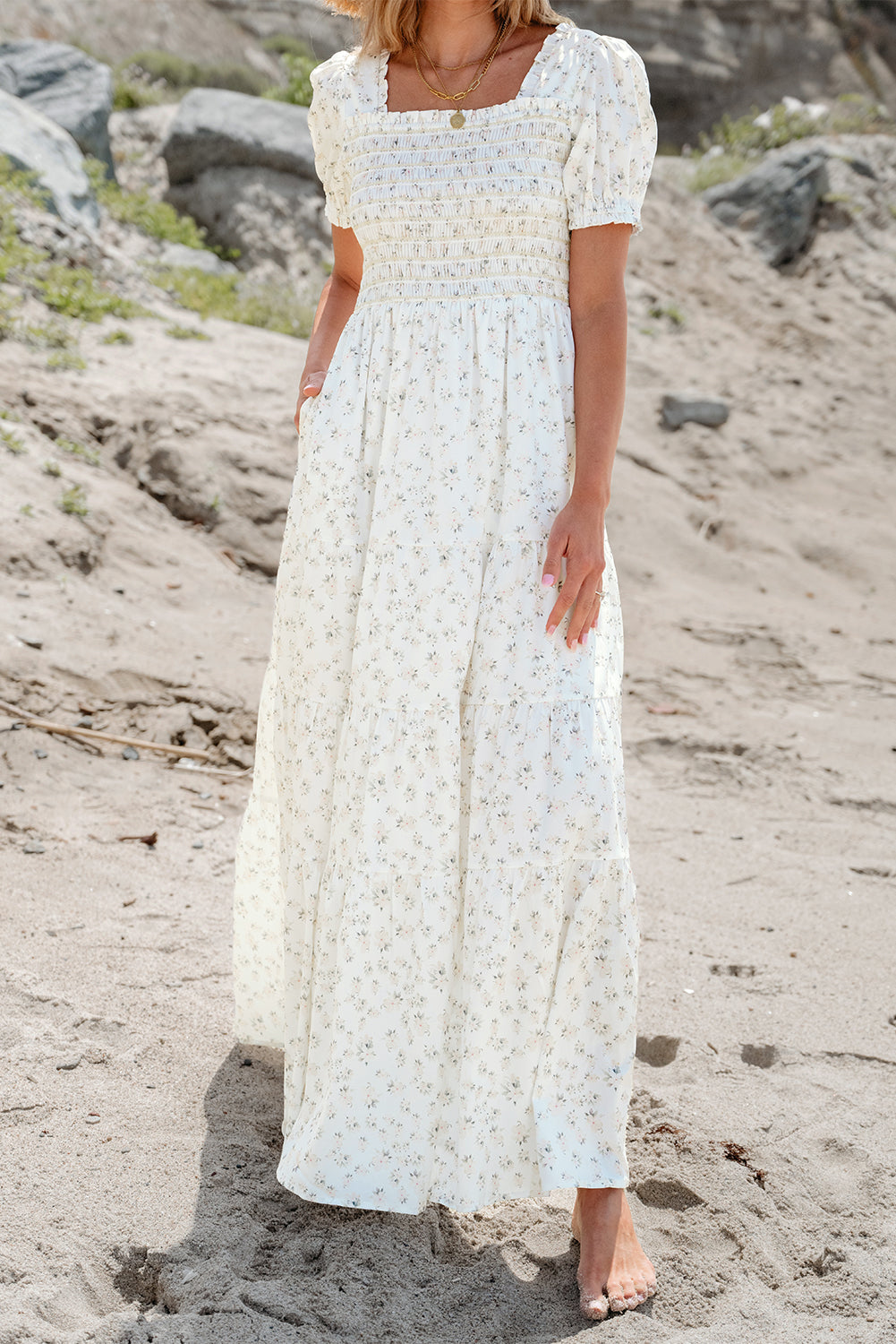 White Frilly Shirred Bodice Tiered Floral Maxi Dress - Premium Dresses/Maxi Dresses from Ashes 2 Wildflowers Boutique, LLC- Just $43.75! Shop now at Ashes 2 Wildflowers Boutique, LLC
