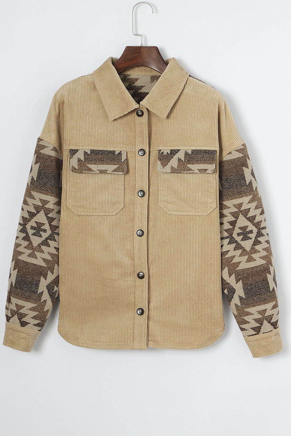 Khaki Aztec Print Patchwork Frayed Edge Corduroy Jacket - Premium Outerwear from Momma Done Gone Crafty- Just $62.70! Shop now at Momma Done Gone Crafty