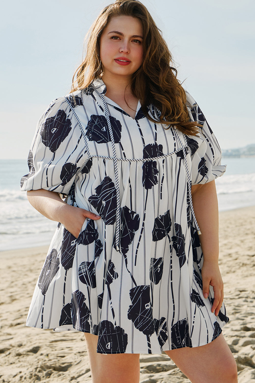 Black Plus Size Floral 3/4 Puff Sleeve Lace-up Neck Mini Dress - Premium Plus Size/Plus Size Dresses/Plus Size Mini Dresses from Momma Done Gone Crafty- Just $39.15! Shop now at Momma Done Gone Crafty