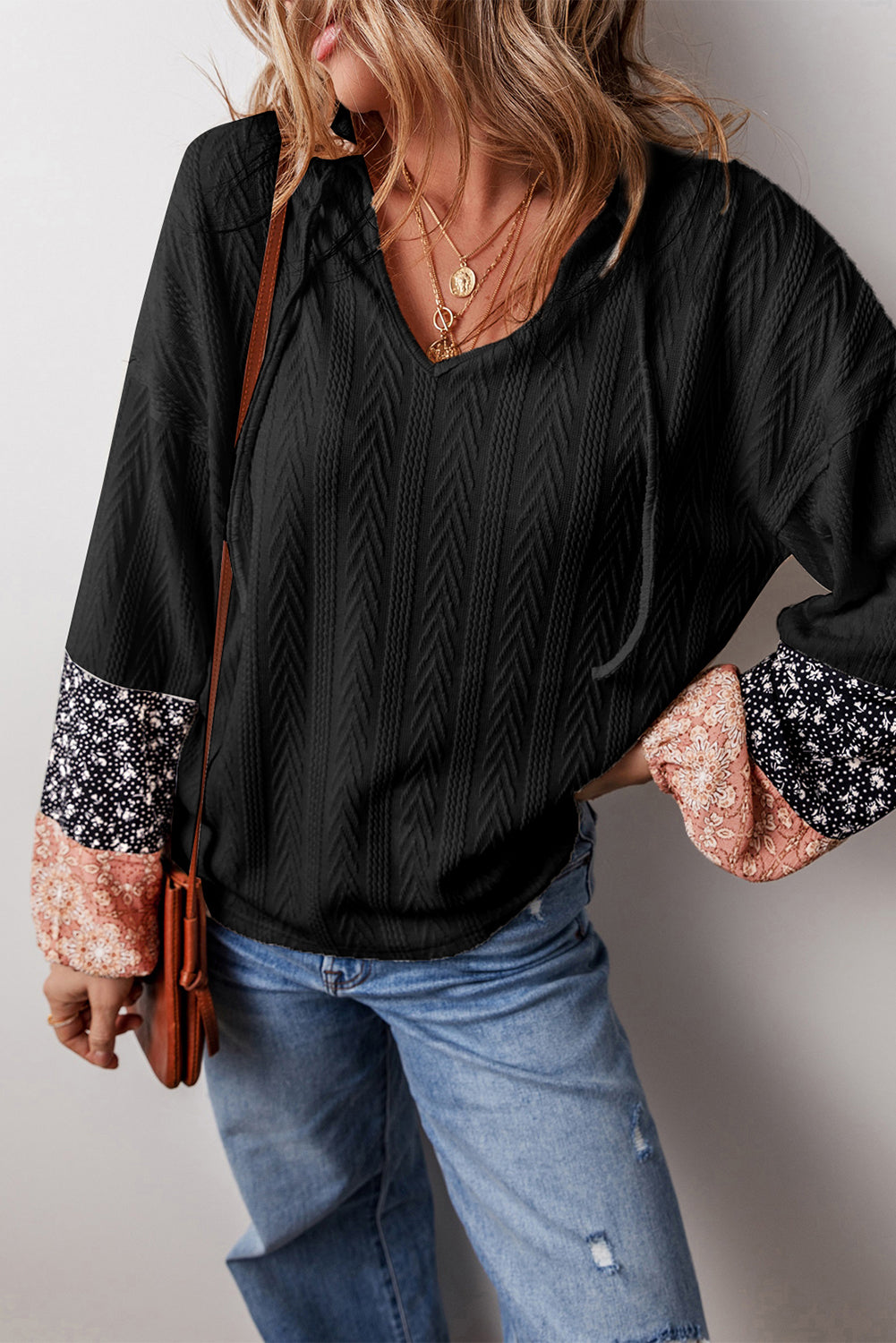 Black Floral Patchwork Textured Knit Drawstring V Neck Blouse - Premium Tops/Blouses & Shirts from Ashes 2 Wildflowers Boutique, LLC- Just $18.55! Shop now at Ashes 2 Wildflowers Boutique, LLC