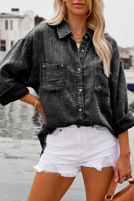 Black Mineral Wash Crinkle Textured Chest Pockets Shirt - Premium Tops from Momma Done Gone Crafty- Just $53.52! Shop now at Momma Done Gone Crafty