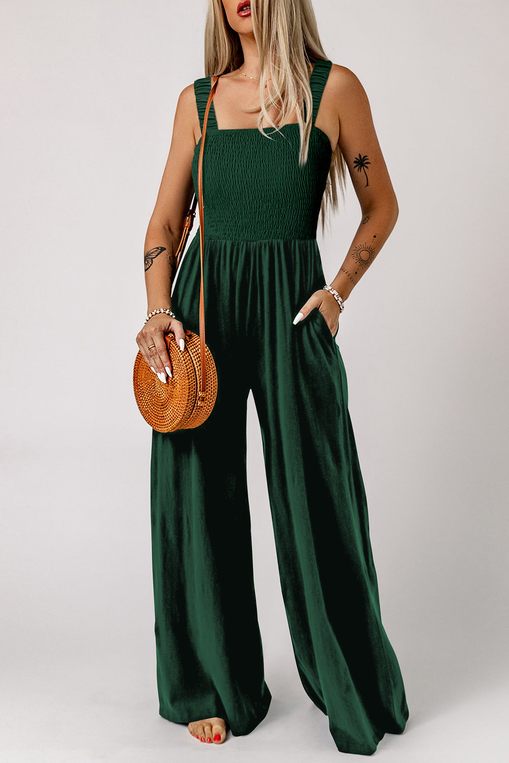 Green Smocked Sleeveless Wide Leg Jumpsuit with Pockets - Premium Bottoms/Jumpsuits & Rompers from Ashes 2 Wildflowers Boutique, LLC- Just $25.50! Shop now at Ashes 2 Wildflowers Boutique, LLC