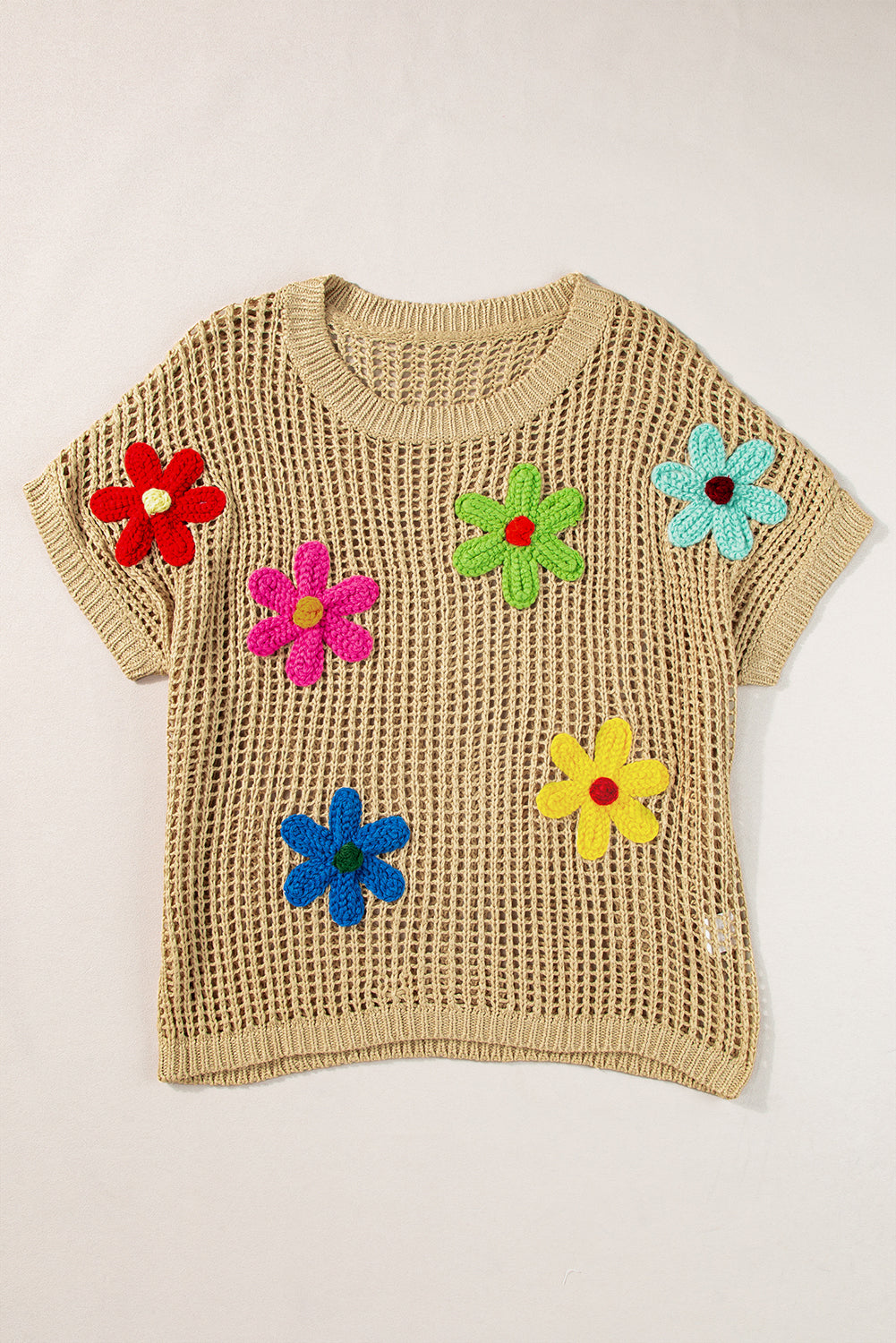 Light French Beige Crochet Flower Hollow-out Sweater T Shirt - Premium Sweaters & Cardigans/Short Sleeve Sweaters from Momma Done Gone Crafty- Just $33.06! Shop now at Momma Done Gone Crafty