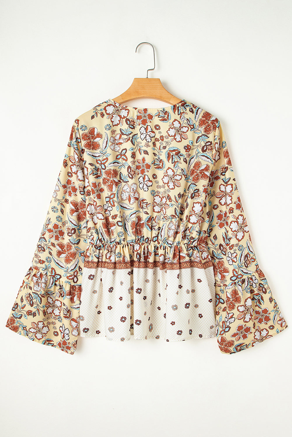 Yellow Printed Floral Bell Sleeve V Neck Wrapped Contrast Peplum Blouse - Premium Tops/Blouses & Shirts from Ashes 2 Wildflowers Boutique, LLC- Just $30.35! Shop now at Ashes 2 Wildflowers Boutique, LLC