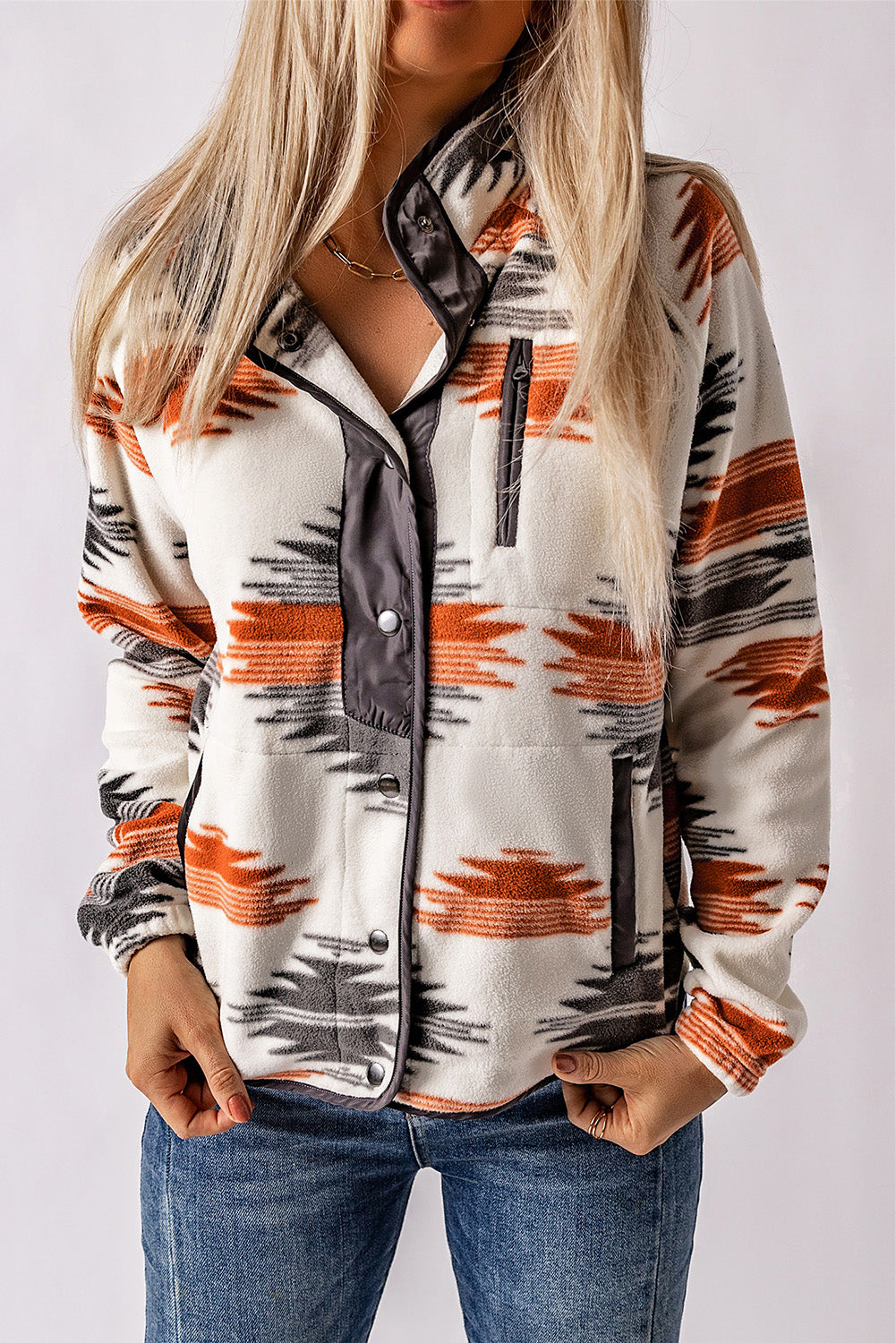 Gray Western Aztec Snap Buttoned Fleece Jacket - Premium Outerwear from Momma Done Gone Crafty- Just $47.70! Shop now at Momma Done Gone Crafty