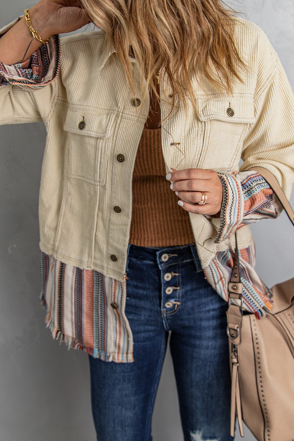 Button Up Pockets Striped Color Block Corduroy Jacket - Premium Outerwear from Momma Done Gone Crafty- Just $56.94! Shop now at Momma Done Gone Crafty