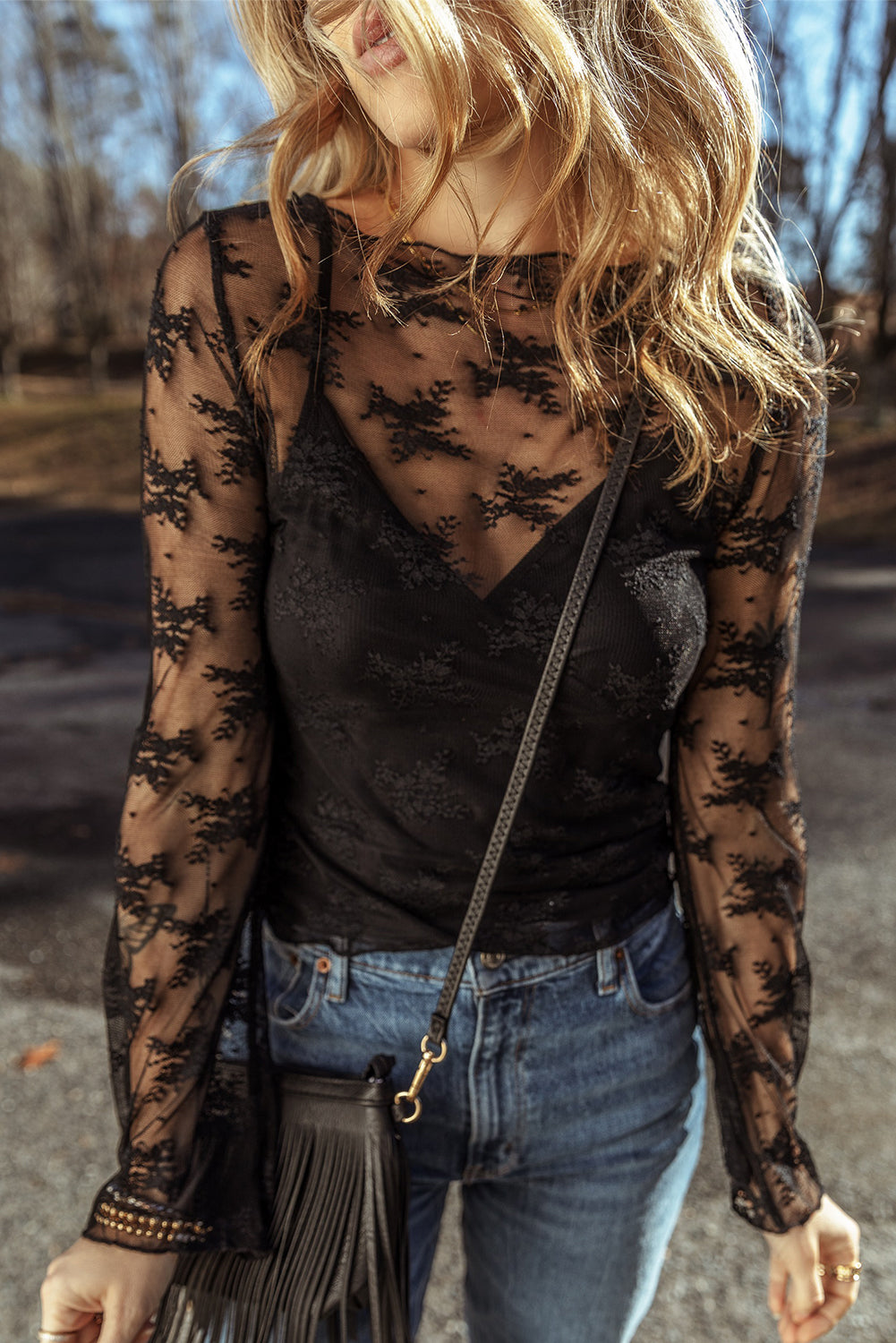 Black Lace Mesh Crochet Splicing Slim Fit Long Sleeve Blouse - Premium Tops/Blouses & Shirts from Ashes 2 Wildflowers Boutique, LLC- Just $27.88! Shop now at Ashes 2 Wildflowers Boutique, LLC