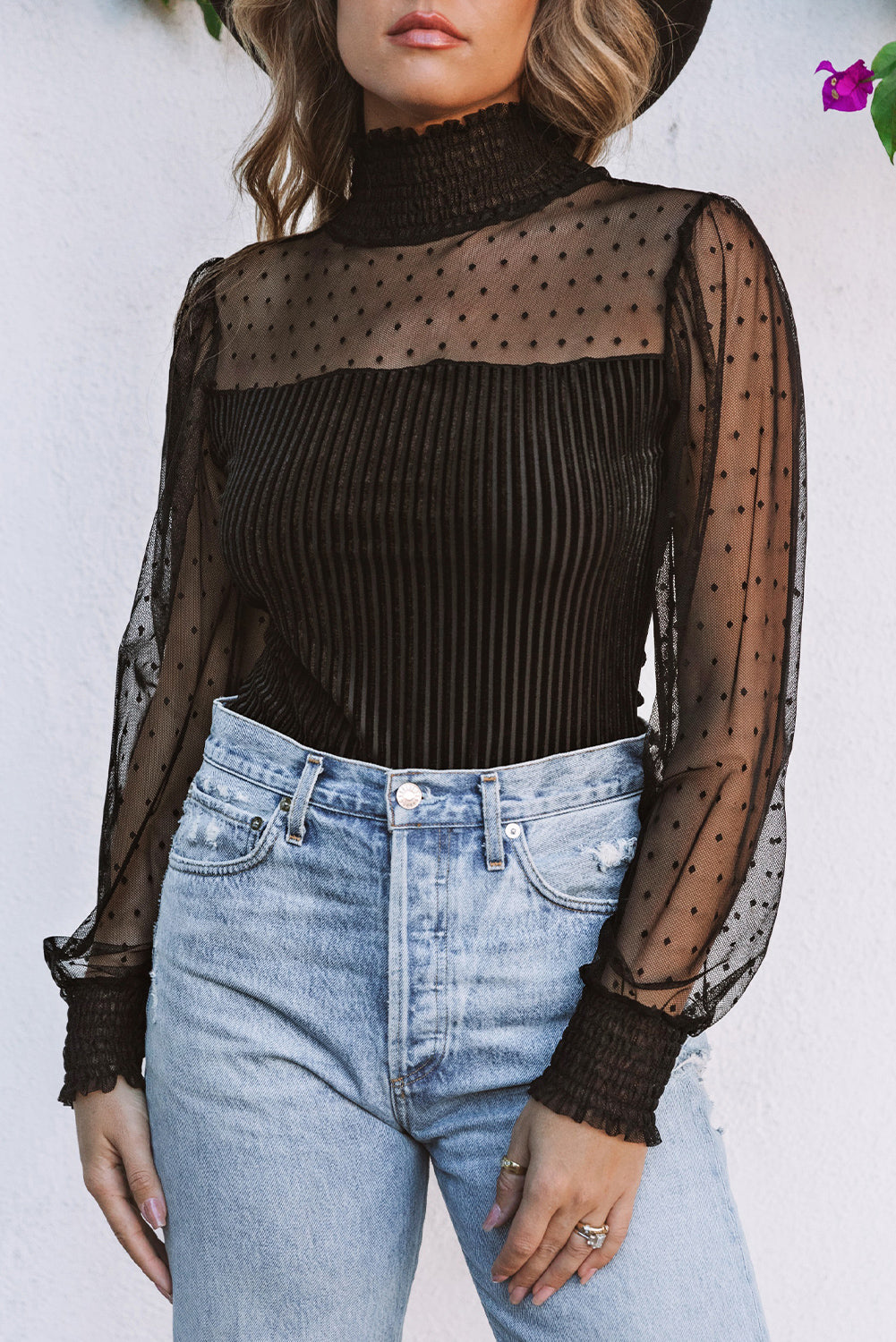 Black Sheer Dotty Long Sleeve Ribbed Velvet Bodysuit - Premium Tops from Momma Done Gone Crafty- Just $74.10! Shop now at Momma Done Gone Crafty