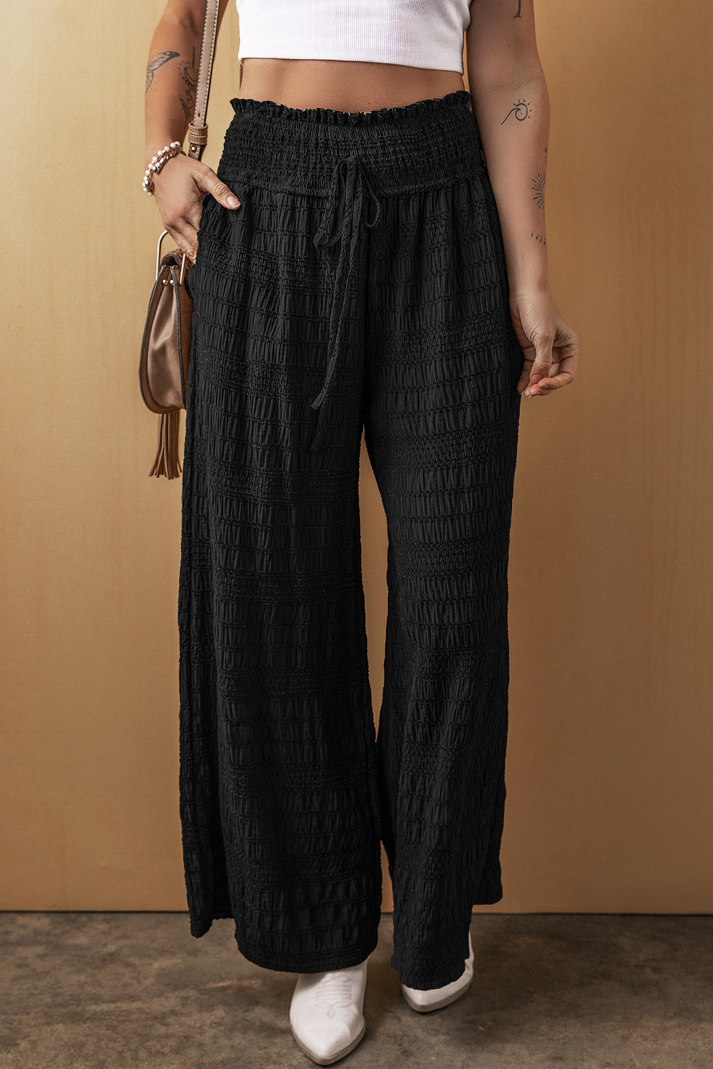 Black Textured Wide Smocked Waist Loose Pants - Premium Bottoms/Pants & Culotte from Momma Done Gone Crafty- Just $24! Shop now at Momma Done Gone Crafty