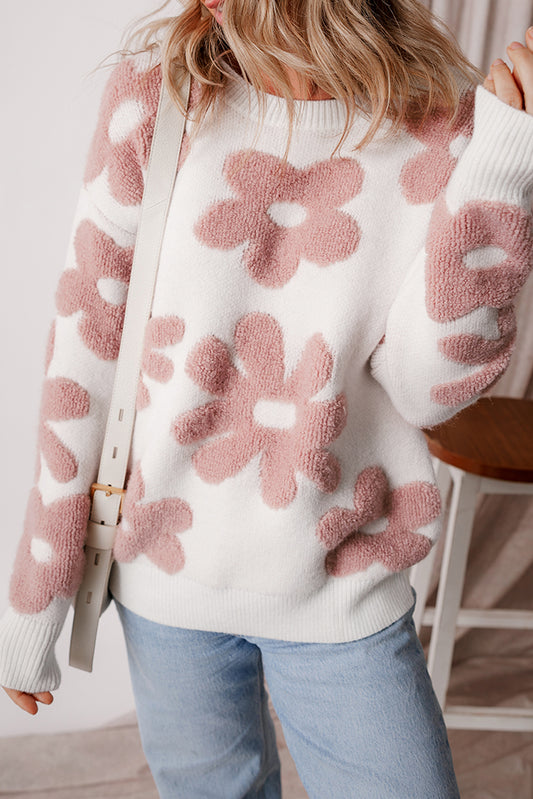 White Textured Flower Drop Shoulder Loose Sweater - Premium Sweaters & Cardigans/Sweaters from Ashes 2 Wildflowers Boutique, LLC- Just $36.43! Shop now at Ashes 2 Wildflowers Boutique, LLC