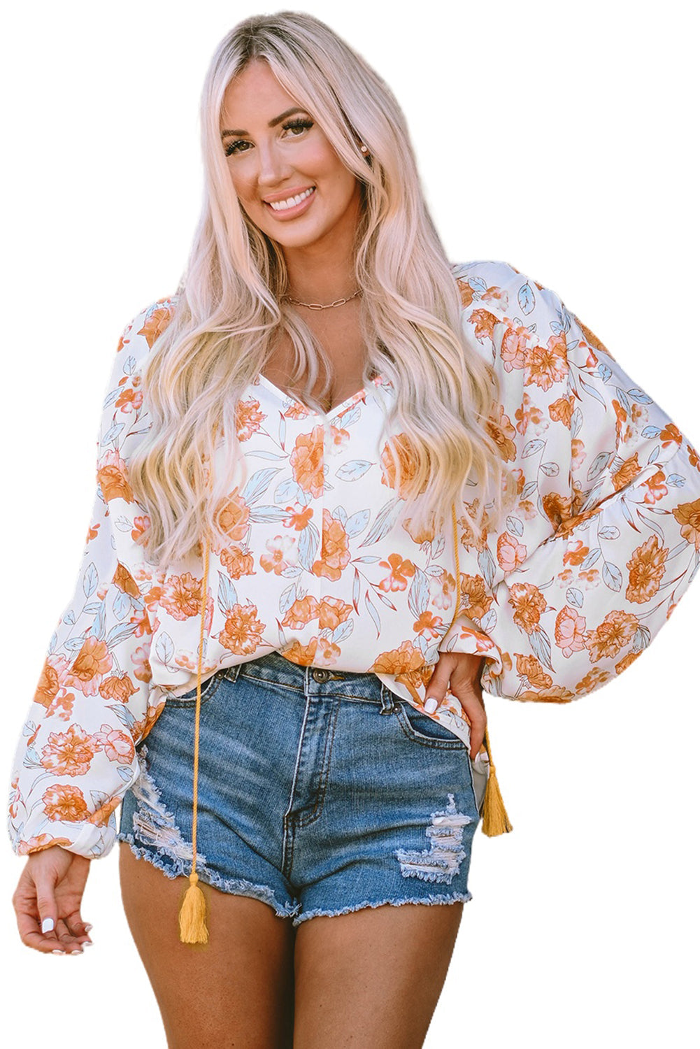 White Tassel Tie V Neck Bubble Sleeve Floral Blouse - Premium Tops from Momma Done Gone Crafty- Just $34.23! Shop now at Momma Done Gone Crafty