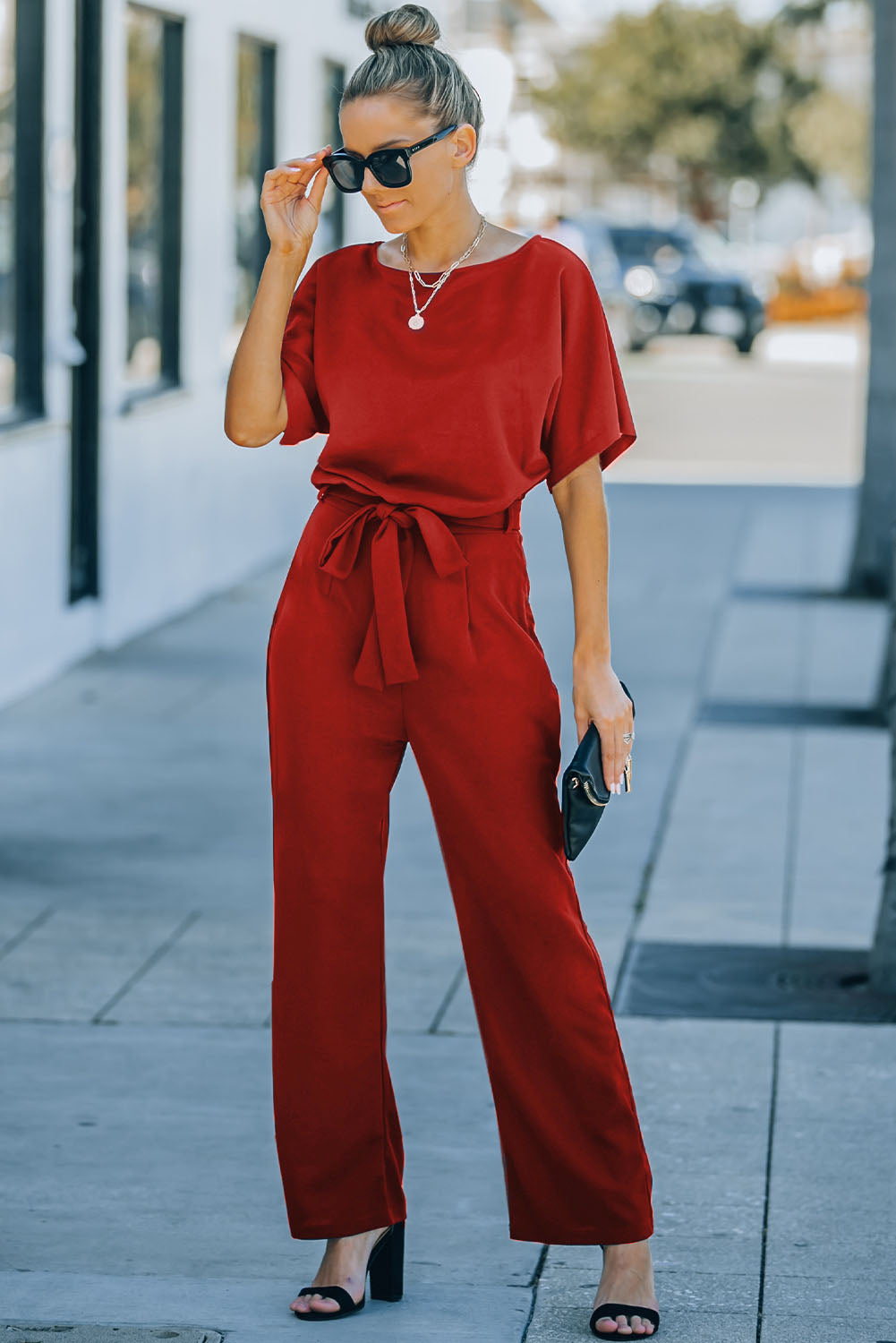 Red Belted Wide Leg Jumpsuit - Premium Bottoms from Momma Done Gone Crafty- Just $40.20! Shop now at Momma Done Gone Crafty