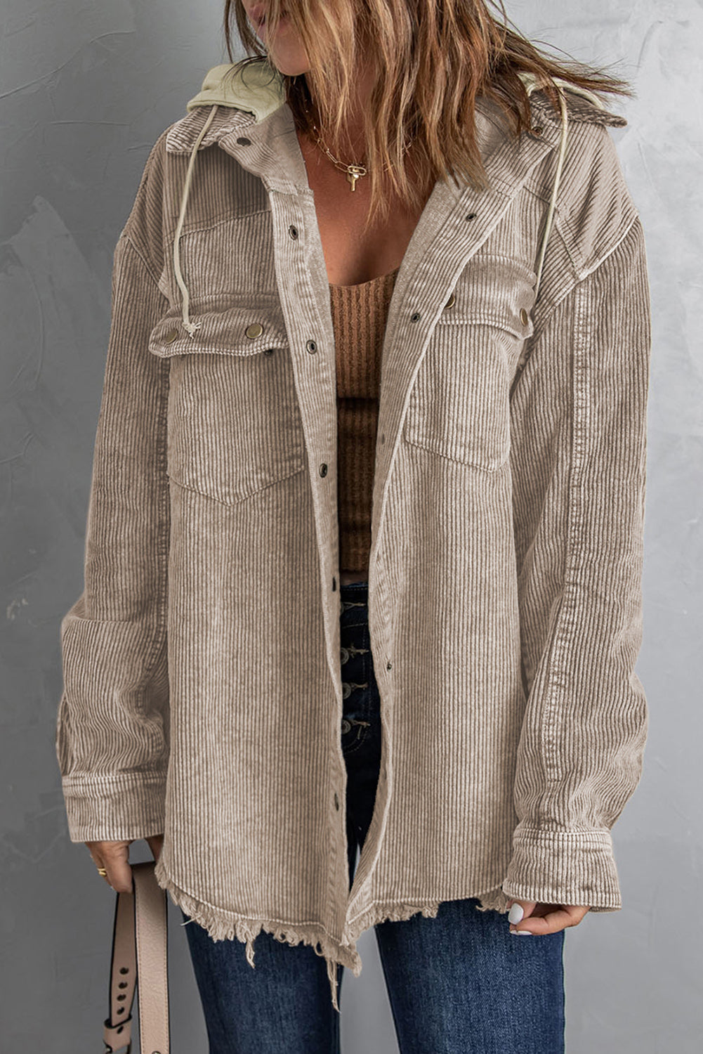 Khaki Patchwork Hooded Corduroy Shacket - Premium Outerwear from Momma Done Gone Crafty- Just $53.94! Shop now at Momma Done Gone Crafty