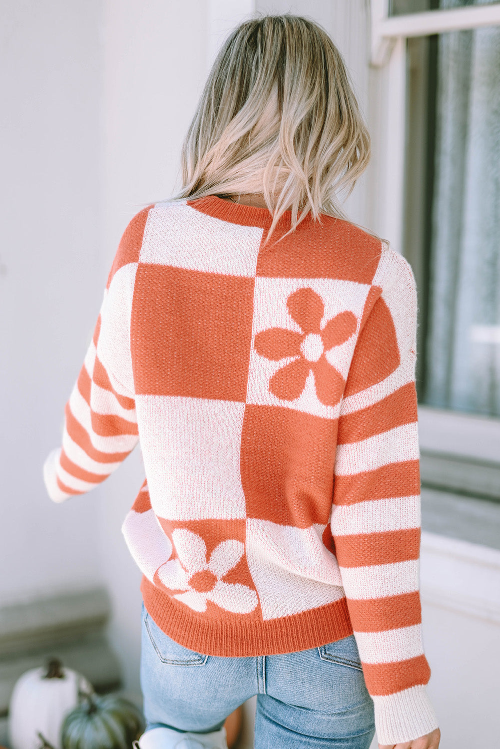 Brown Checkered Floral Print Striped Sleeve Sweater - Premium Tops from Momma Done Gone Crafty- Just $31.50! Shop now at Momma Done Gone Crafty