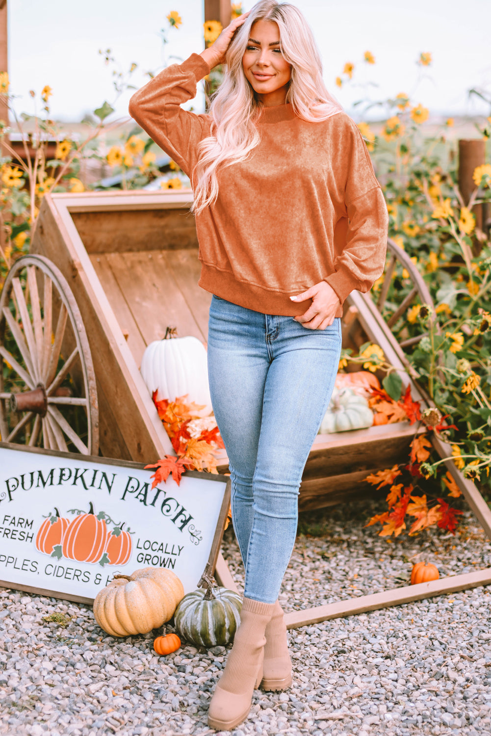 Orange Drop Shoulder Crew Neck Pullover Sweatshirt - Premium Tops from Momma Done Gone Crafty- Just $41.94! Shop now at Momma Done Gone Crafty