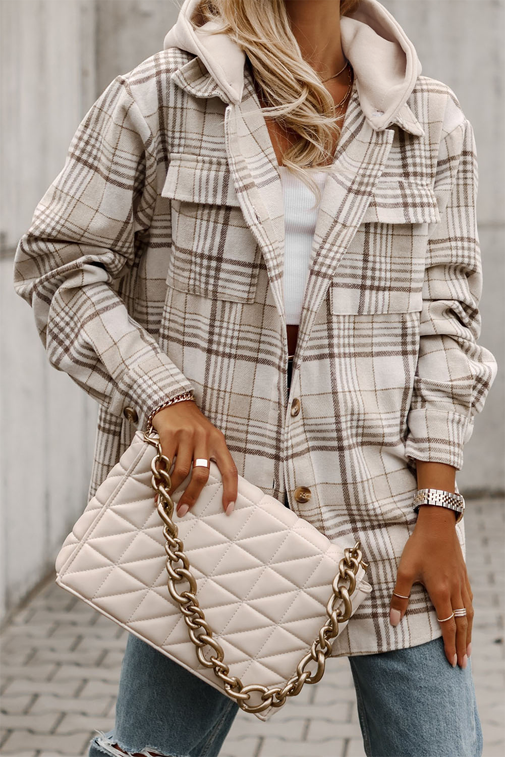 Khaki Plaid Removable Hood Buttoned Shacket - Premium Outerwear/Plaid Shackets from Momma Done Gone Crafty- Just $58.99! Shop now at Momma Done Gone Crafty