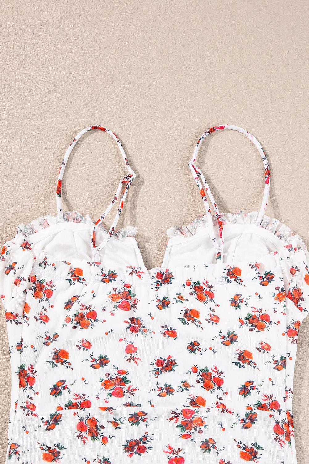 White Floral V Cut Frilled Trim Spaghetti Straps Bodysuit - Premium Tops/Bodysuits from Ashes 2 Wildflowers Boutique, LLC- Just $19.08! Shop now at Ashes 2 Wildflowers Boutique, LLC