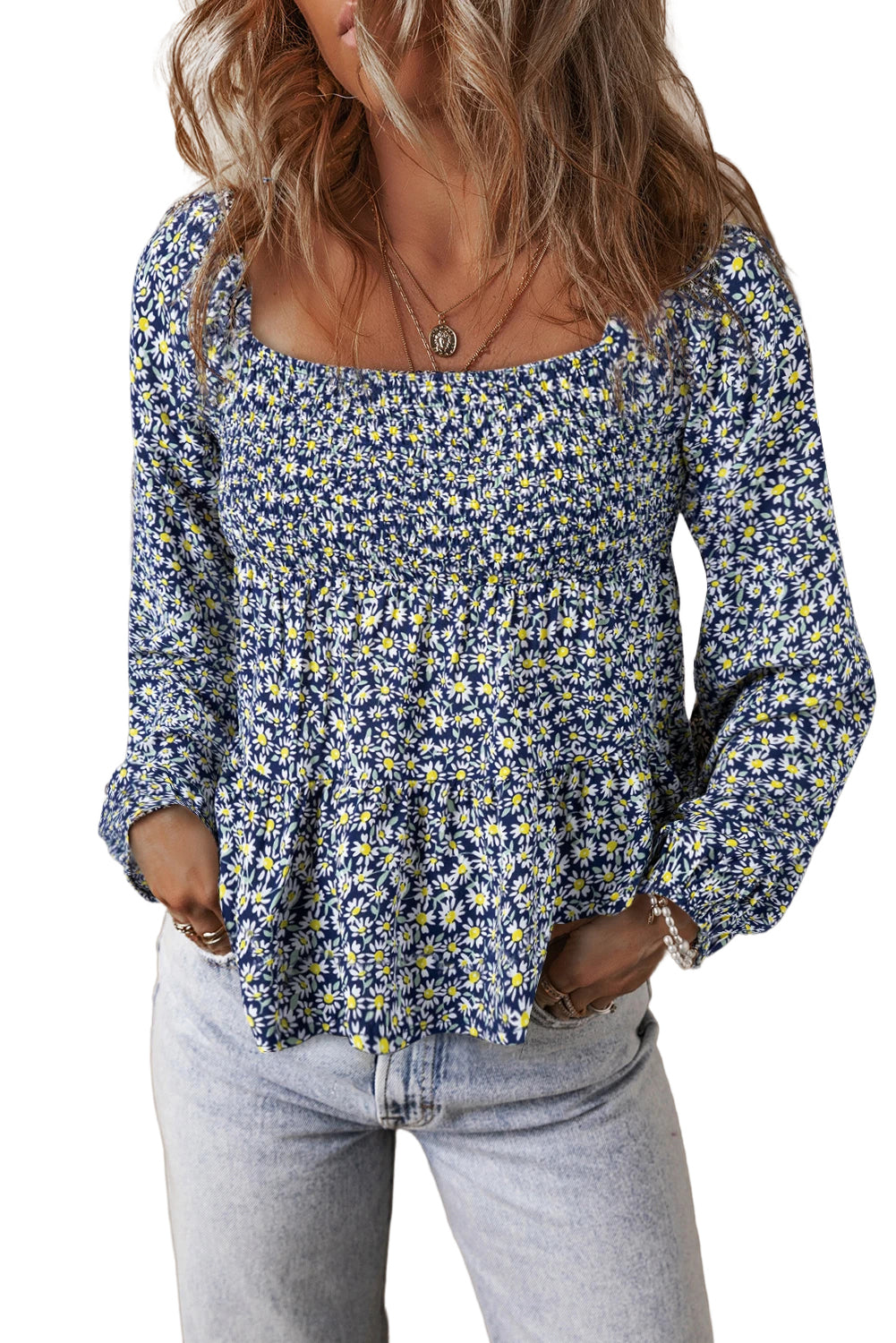 Blue Boho Floral Print Smocked Square Neck Loose Fit Blouse - Premium Tops/Blouses & Shirts from Ashes 2 Wildflowers Boutique, LLC- Just $31.25! Shop now at Ashes 2 Wildflowers Boutique, LLC