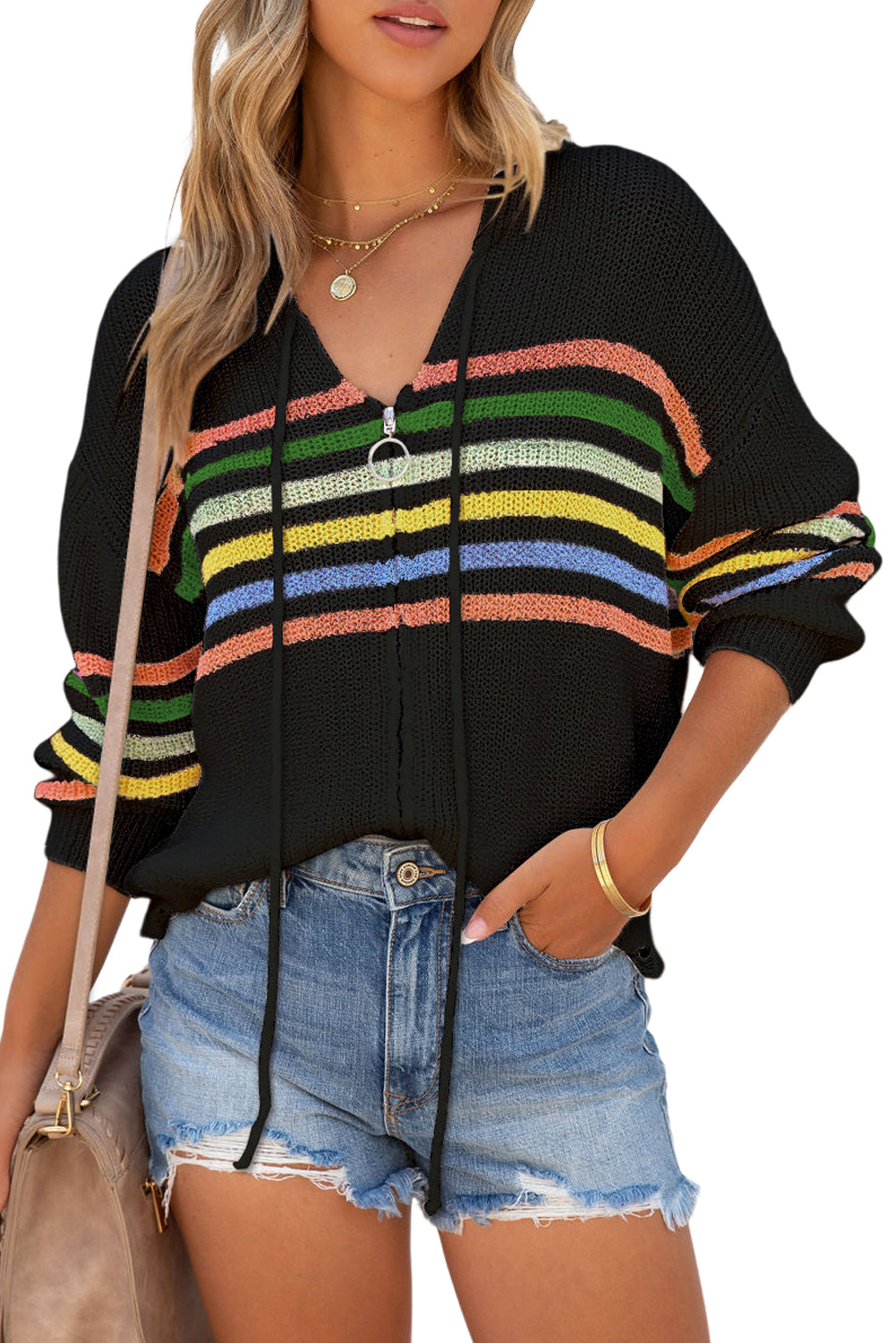 Black Striped Detail Zip Up Hooded Sweater Cardigan - Premium Tops from Momma Done Gone Crafty- Just $47.94! Shop now at Momma Done Gone Crafty