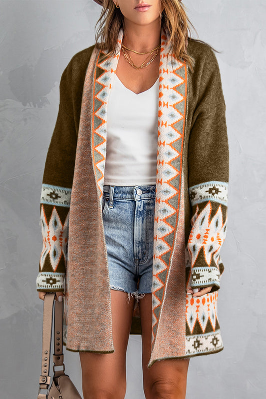 Brown Aztec Print Open Front Knitted Cardigan - Premium Sweaters & Cardigans/Cardigans from Ashes 2 Wildflowers Boutique, LLC- Just $40.97! Shop now at Ashes 2 Wildflowers Boutique, LLC