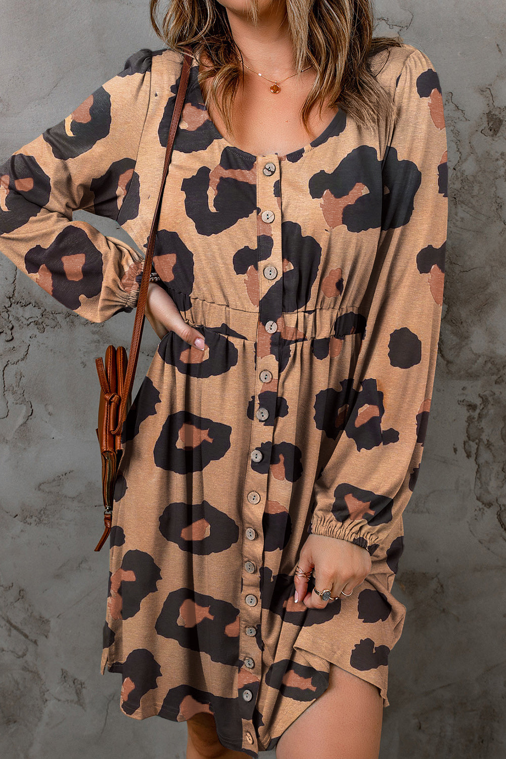 Leopard Print Button Front Bubble Sleeve Loose Knit Dress - Premium Dresses from Momma Done Gone Crafty- Just $40.80! Shop now at Momma Done Gone Crafty