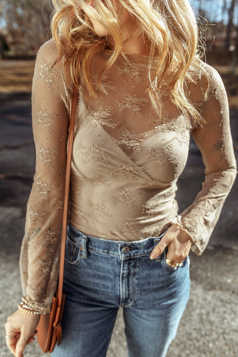 Apricot Lace Mesh Crochet Splicing Slim Fit Long Sleeve Blouse - Premium Tops/Blouses & Shirts from Ashes 2 Wildflowers Boutique, LLC- Just $17.88! Shop now at Ashes 2 Wildflowers Boutique, LLC
