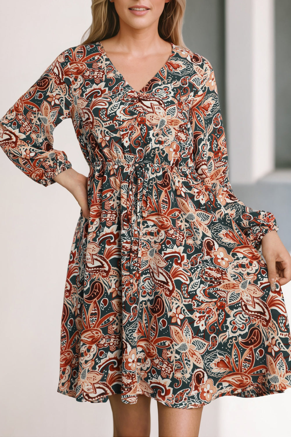 Brown Geometric Print Long Sleeve Surplice Flowy Dress - Premium Dresses from Momma Done Gone Crafty- Just $44.67! Shop now at Momma Done Gone Crafty