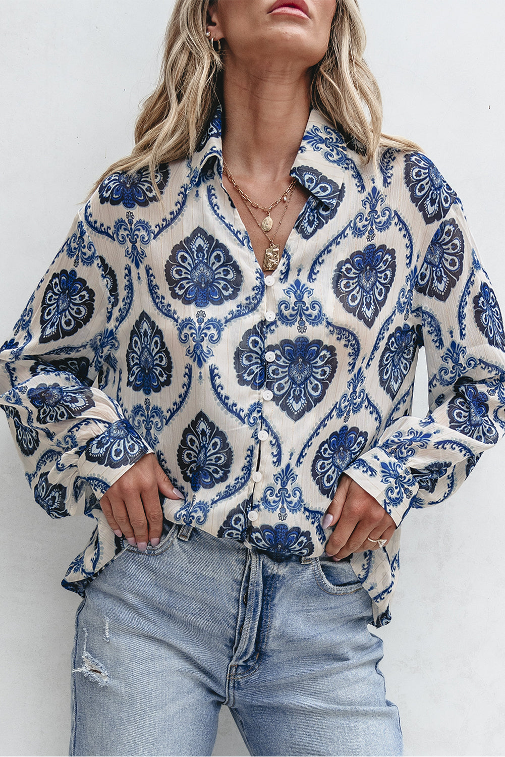 Blue Tribal Pattern Buttoned Front Loose Shirt - Premium Tops/Blouses & Shirts from Ashes 2 Wildflowers Boutique, LLC- Just $23.58! Shop now at Ashes 2 Wildflowers Boutique, LLC