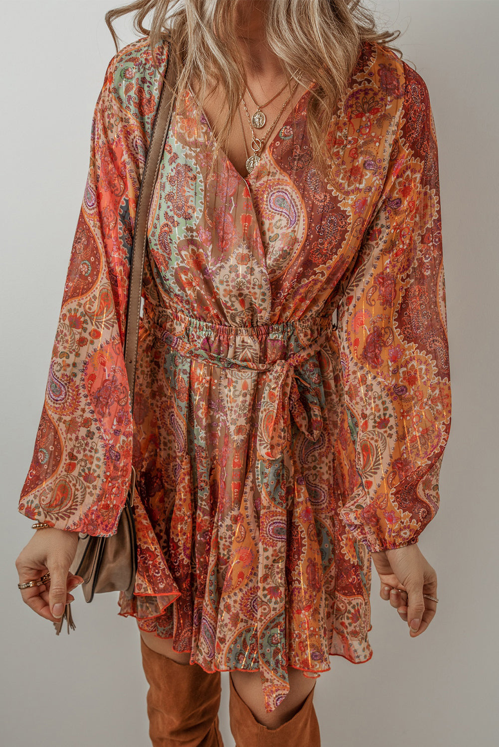Orange Boho Paisley Print Long Sleeve Pleated Belted Mini Dress - Premium Dresses/Mini Dresses from Momma Done Gone Crafty- Just $64.99! Shop now at Momma Done Gone Crafty
