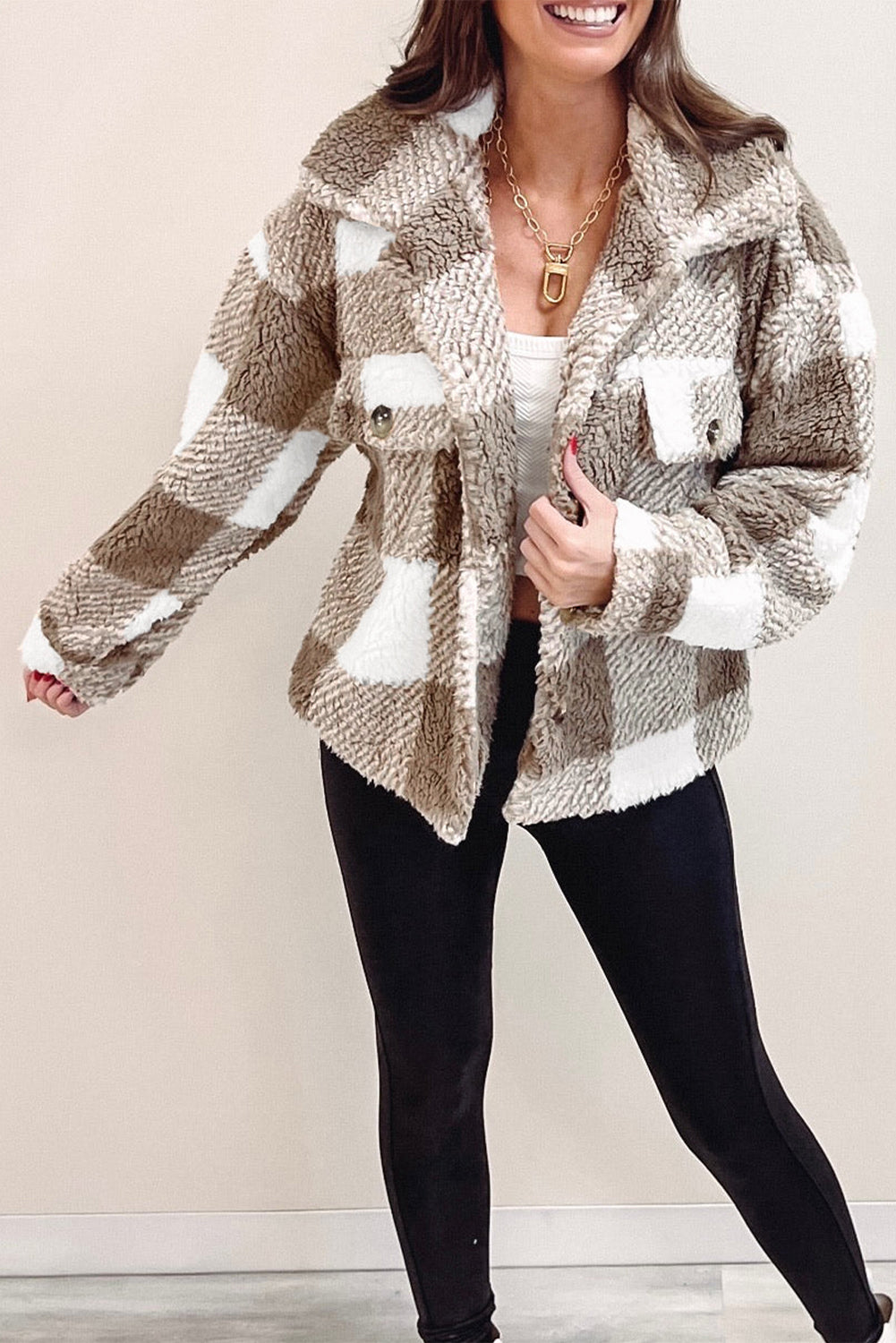 Khaki Plaid Sherpa Buttoned Flap Pocket Shacket - Premium Outerwear from Momma Done Gone Crafty- Just $48.99! Shop now at Momma Done Gone Crafty