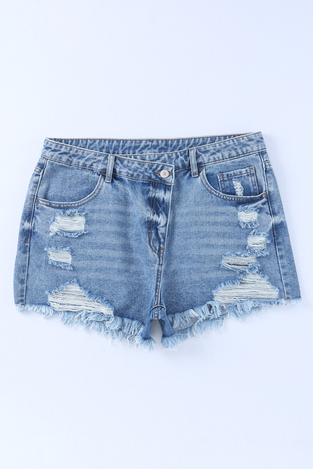 Sky Blue High Rise Crossover Waist Denim Shorts - Premium Bottoms from Ashes 2 Wildflowers Boutique, LLC- Just $34.99! Shop now at Ashes 2 Wildflowers Boutique, LLC