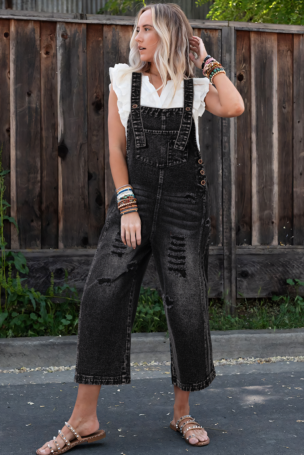 Black Distressed Bib Pocket Wide Leg Denim Overall - Premium Bottoms/Jumpsuits & Rompers from Ashes 2 Wildflowers Boutique, LLC- Just $64.99! Shop now at Ashes 2 Wildflowers Boutique, LLC