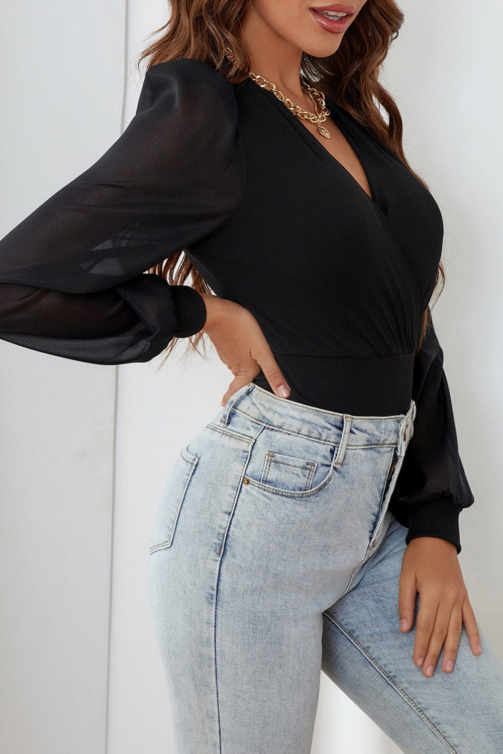 Black Solid Color V Neck Wrap Mesh Sleeves Bodysuit - Premium Tops from Momma Done Gone Crafty- Just $32.99! Shop now at Momma Done Gone Crafty