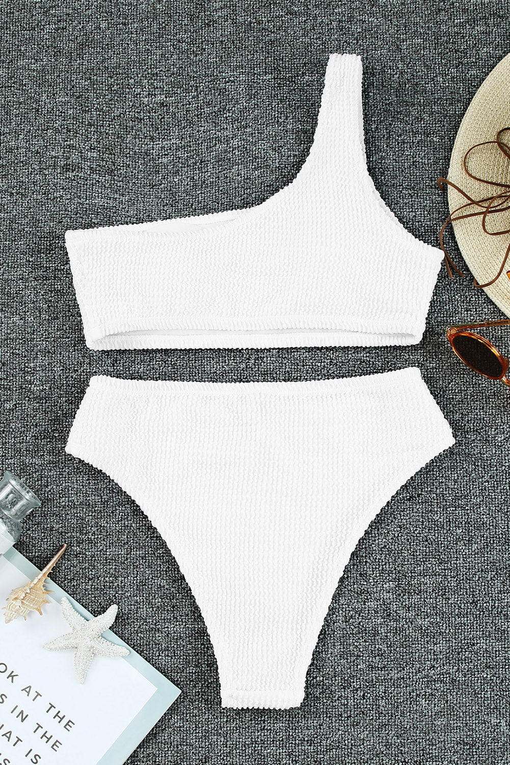 White Crinkle Textured Asymmetric One Shoulder Bikini Swimsuit - Premium Swimwear from Momma Done Gone Crafty- Just $28.00! Shop now at Momma Done Gone Crafty