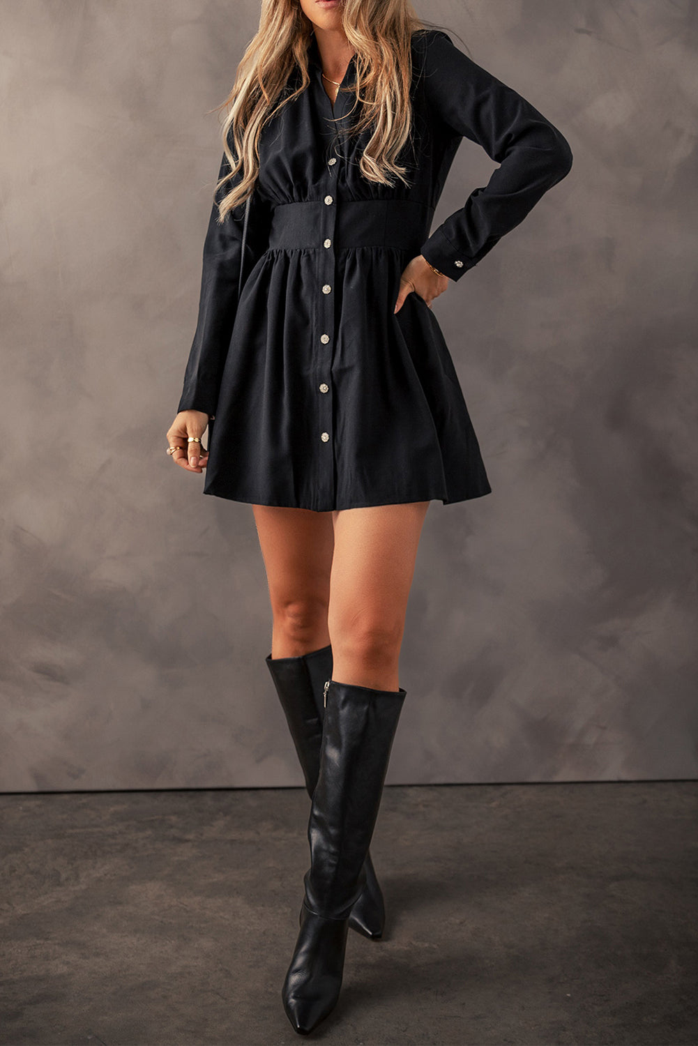 Black Elastic Cinched High Waist Long Sleeve Shirt Mini Dress - Premium Dresses/Mini Dresses from Momma Done Gone Crafty- Just $49.05! Shop now at Momma Done Gone Crafty