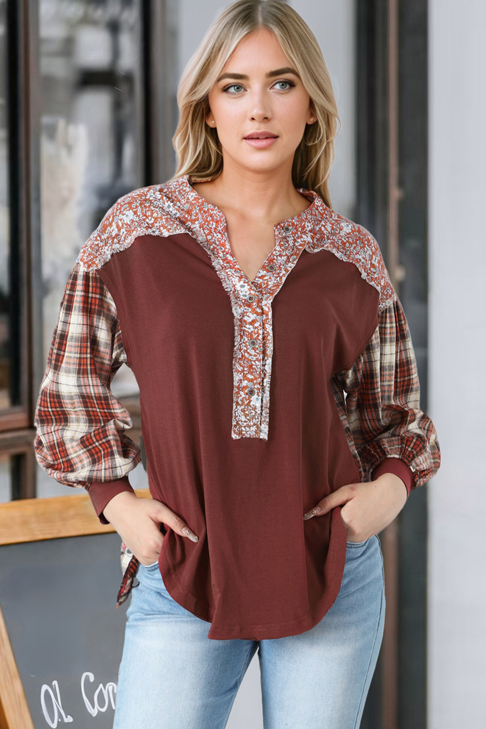 Red Floral Plaid Mixed Print Bishop Sleeve Patchwork Top - Premium Tops from Momma Done Gone Crafty- Just $61.11! Shop now at Momma Done Gone Crafty