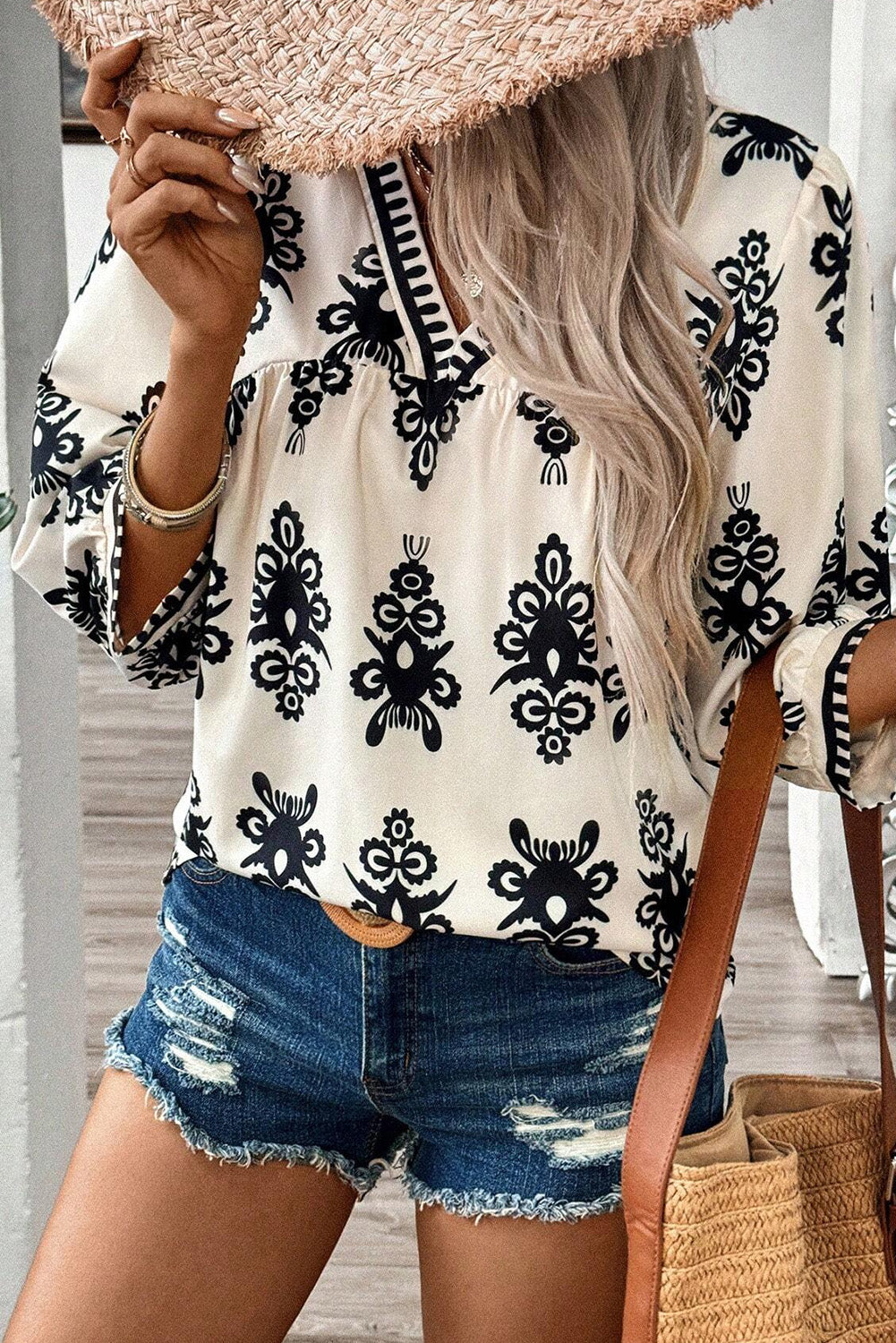 Beige Vintage Geometric Printed 3/4 Sleeve V Neck Blouse - Premium Tops/Blouses & Shirts from Ashes 2 Wildflowers Boutique, LLC- Just $28.93! Shop now at Ashes 2 Wildflowers Boutique, LLC