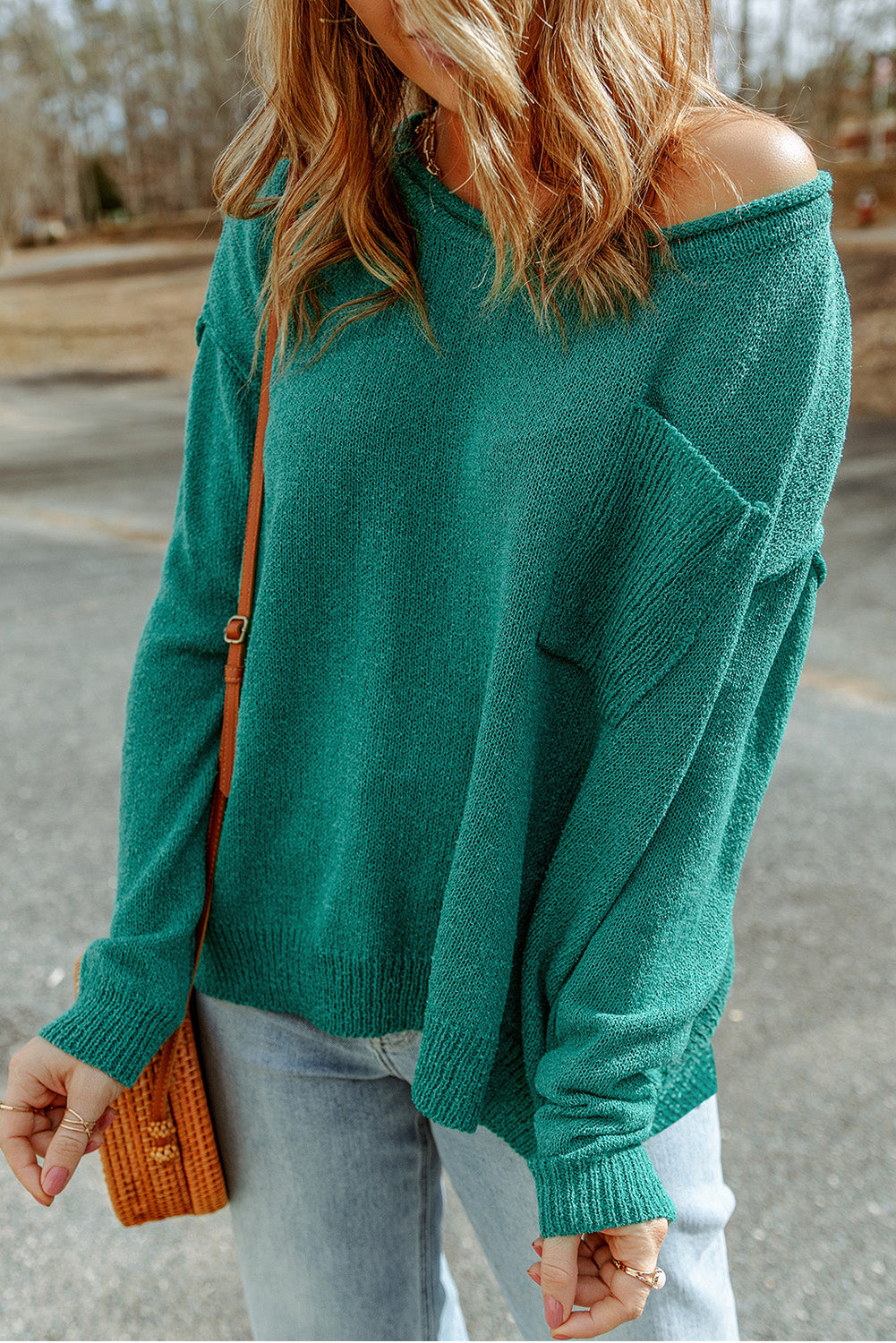 Green Solid Color Off Shoulder Rib Knit Sweater with Pocket - Premium Tops from Momma Done Gone Crafty- Just $40.20! Shop now at Momma Done Gone Crafty