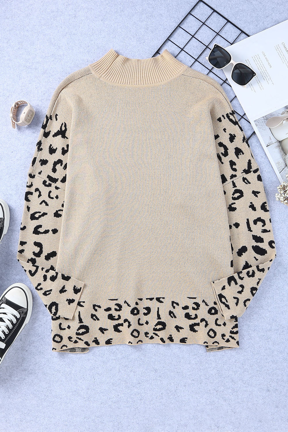 Khaki Leopard High Neck Side Slit Oversized Sweater - Premium Tops from Momma Done Gone Crafty- Just $45.50! Shop now at Momma Done Gone Crafty