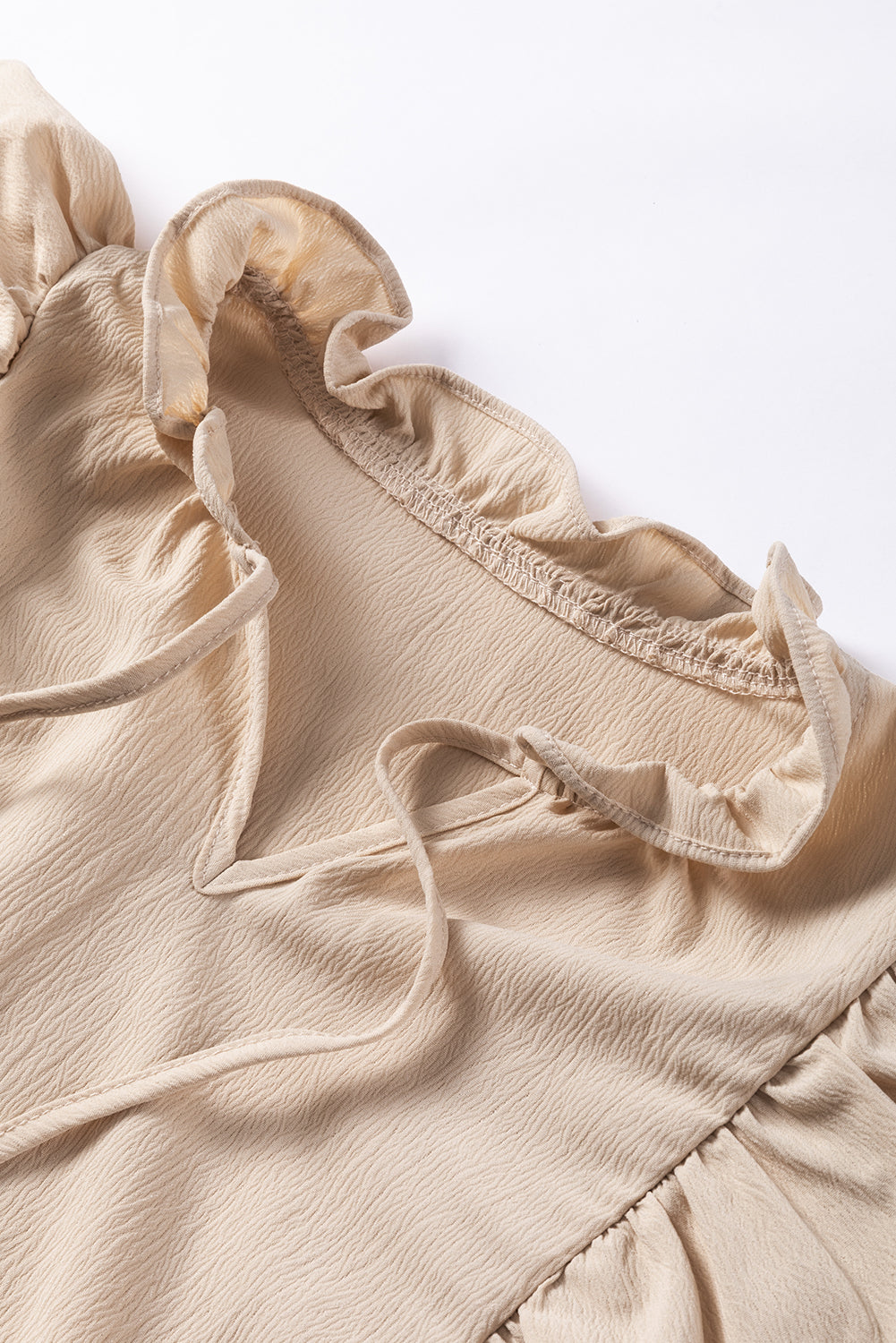 Khaki Ruffled Lace up Bubble Sleeve Blouse - Premium Tops from Momma Done Gone Crafty- Just $45.18! Shop now at Momma Done Gone Crafty