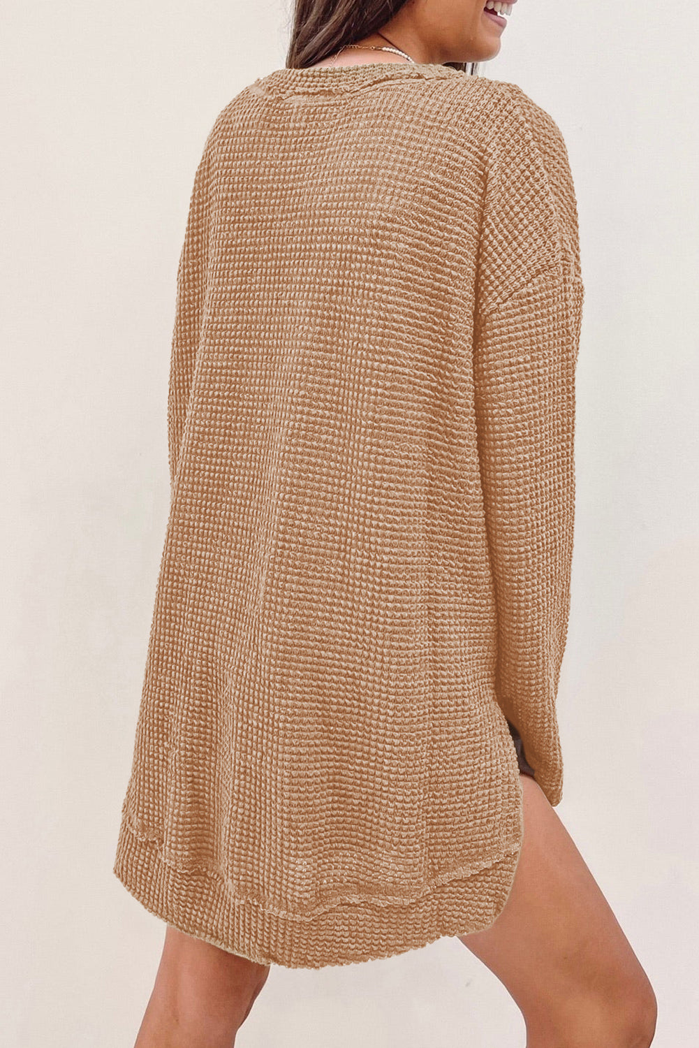 Khaki Waffle Knit High Slits Oversized Top - Premium Tops from Momma Done Gone Crafty- Just $32.97! Shop now at Momma Done Gone Crafty