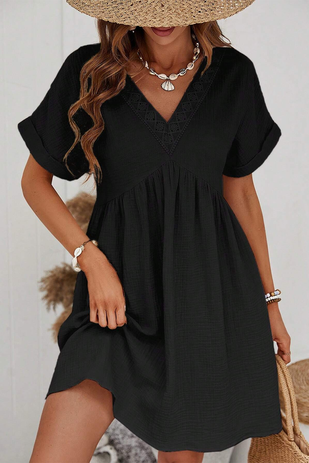 Black Folded Short Sleeve Lace V Neck Mini Dress - Premium Dresses/Mini Dresses from Momma Done Gone Crafty- Just $34! Shop now at Momma Done Gone Crafty
